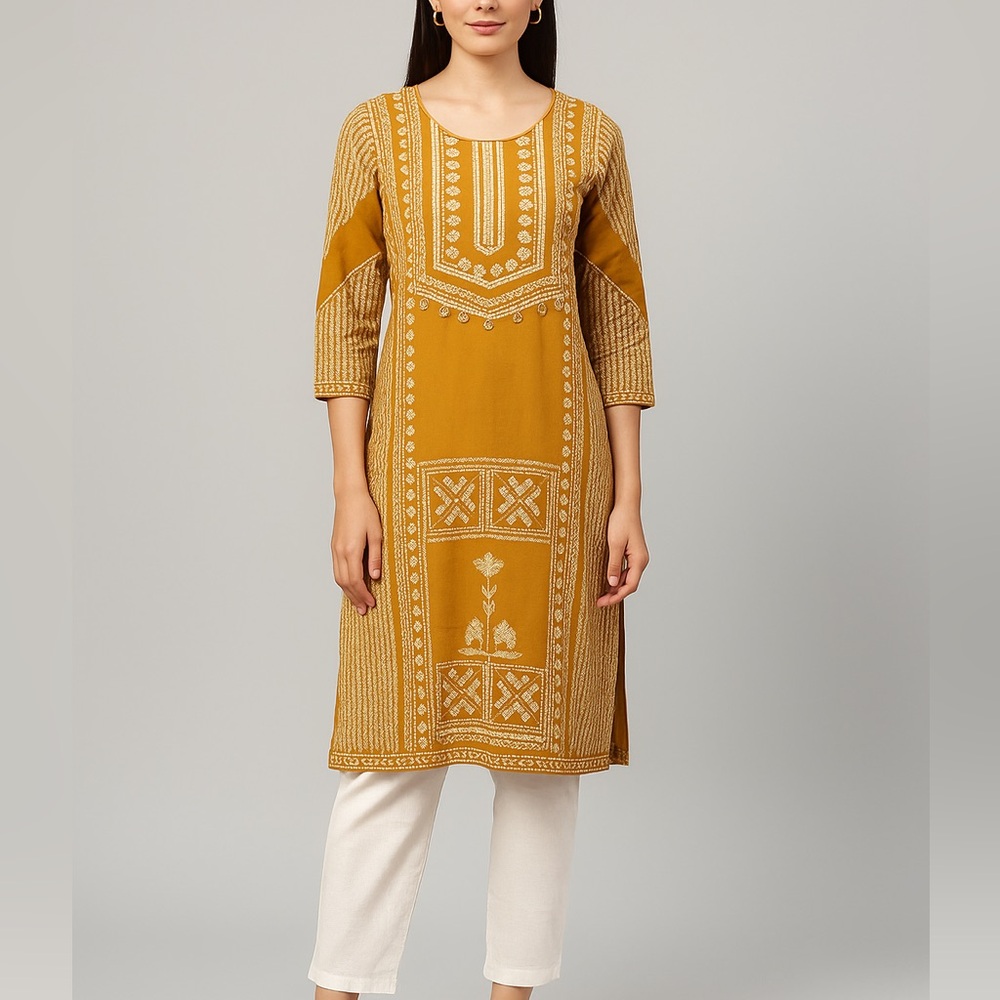 W for Women Mustard Embroidered Tunic Kurti with white cotton pants Preowned
